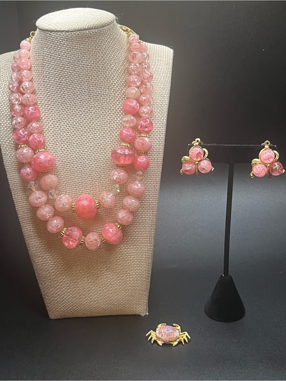 Vintage Pink Crackle style Glass Necklace Earrings Crab Brooch Set